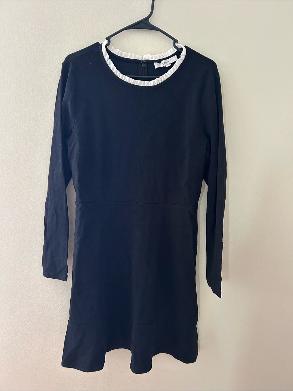 LOFT Black Long-Sleeve Dress with White Ruffle Collar